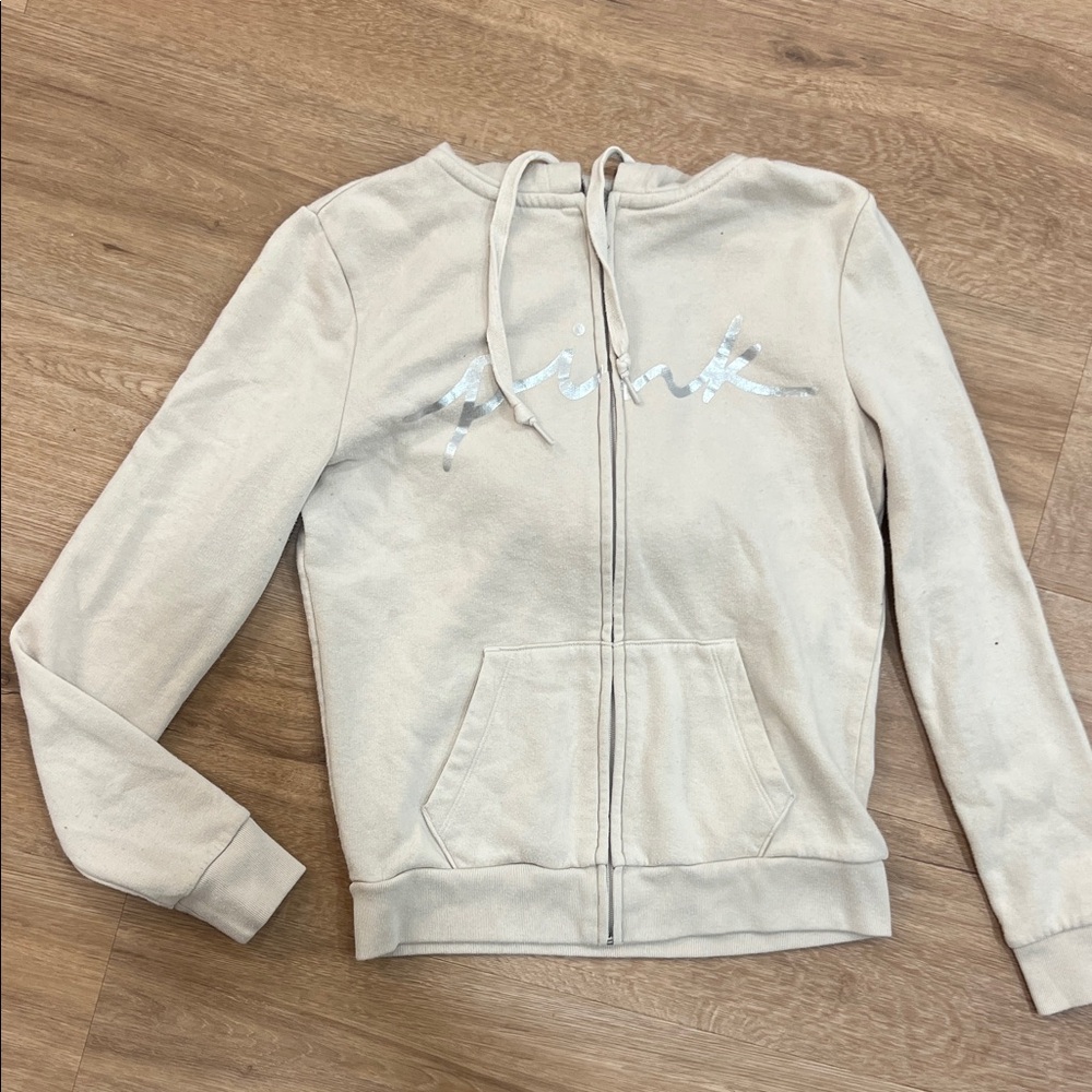 PINK Victoria's Secret Beige Hoodie with Metallic Logo